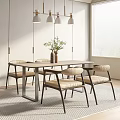 Modern Dining Table Set With Upholstered Chairs Pendant Lights And Vase Plant Near Window Blinds