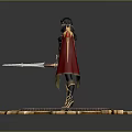 Female Game Movie Character In Black Red Outfit With Gold Accents Sword On Circular Ornate Platform