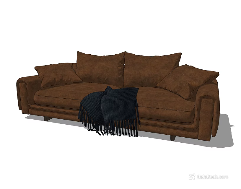 Brown Fabric Sofa Set With Multiple Cushions And Black Throw Blanket 3d model