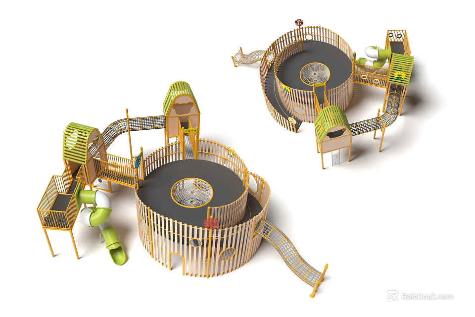 Wooden Playground Equipment With Slides Climbing Structures And Circular Platforms For Kids 3d model 
