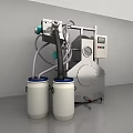 Industrial Equipment Control Panel Display White Buckets Connected via Black Purple Hoses Modern Metal Design