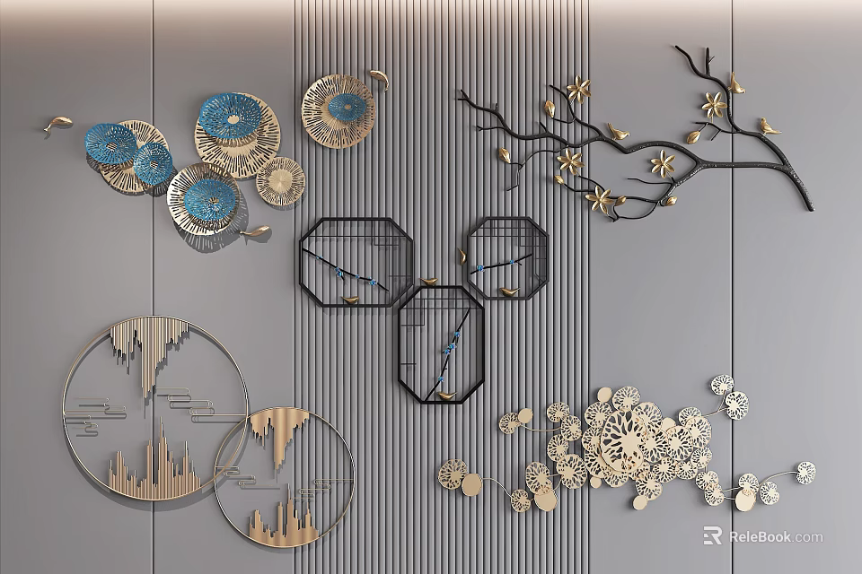 Modern Wall Decor With Circular Ornaments Hexagonal Frames Branch Shapes And Flower Patterns 3d model