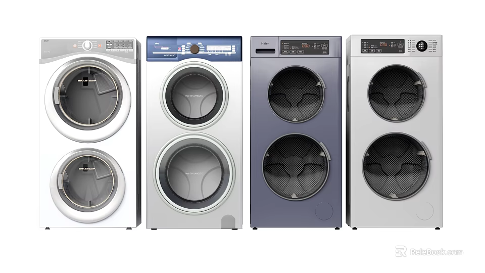 Modern Front Load Washing Machines with Various Colors and Designs Displayed Together 3d model 