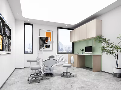Modern Dental Clinic Interior with Dental Chairs Windows Cabinets Potted Plant and Medical 3d model