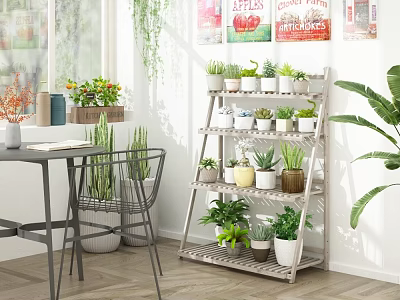 Multi Tiered Wooden Flower Stand With Various Potted Plants In Bright Indoor Space 3d model
