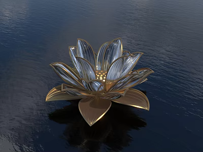 Crystal Lotus Shaped Activation Device With Golden Accents Floating On Water Surface 3d model