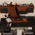 Modern Office Desk With Marble Top And Wooden Bookshelf Books Plant And Photo Frames