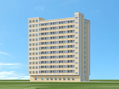 Modern Yellow Multi Storey Residential Building With Green Lawn And Blue Sky 3d model