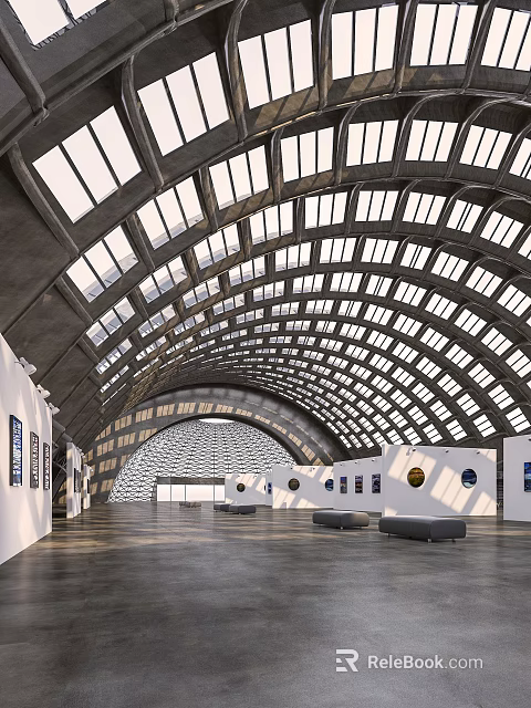Modern Open Exhibition Hall with Arched Glass Roof White Walls and Displayed Artworks 3d model 