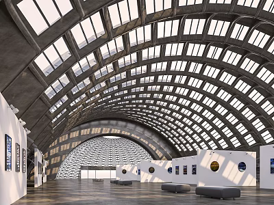 Modern Open Exhibition Hall with Arched Glass Roof White Walls and Displayed Artworks 3d model