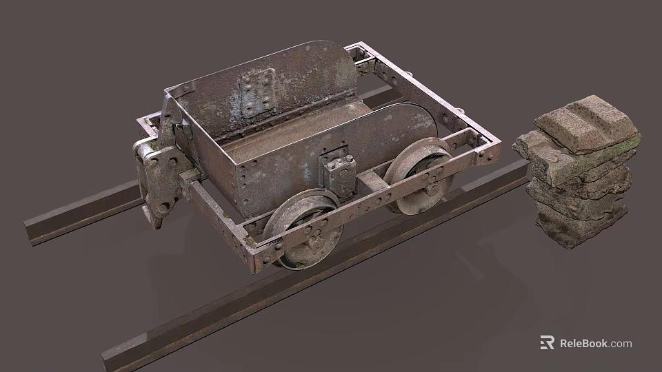 Old Rusty Railway Cart Placed On Metal Tracks With Stone Blocks 3d model 