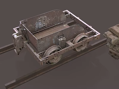 Old Rusty Railway Cart Placed On Metal Tracks With Stone Blocks 3d model