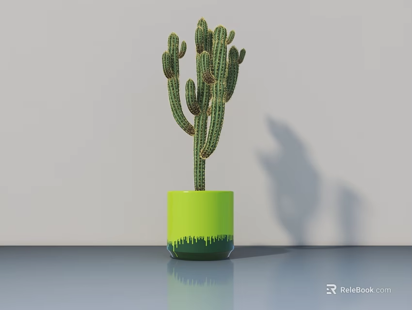Tall Cactus Potted Plant In Green Grass Like Bottom Pot On Smooth Surface With Shadow 3d model 