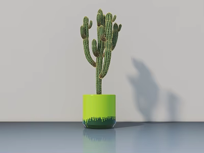 Tall Cactus Potted Plant In Green Grass Like Bottom Pot On Smooth Surface With Shadow 3d model