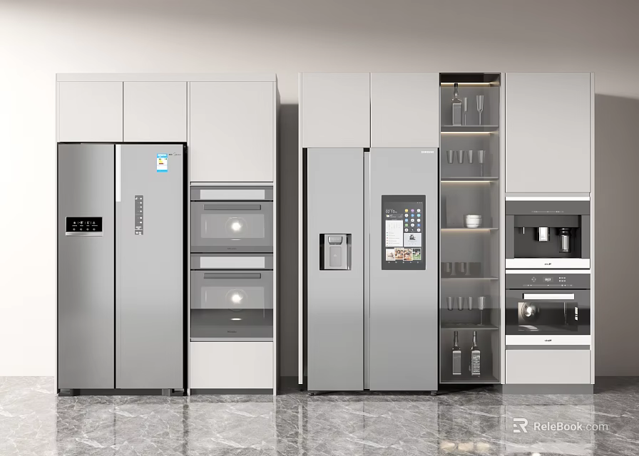 Modern Refrigerators and Freezers in Kitchen with Integrated Cabinet Storage Design 3d model 
