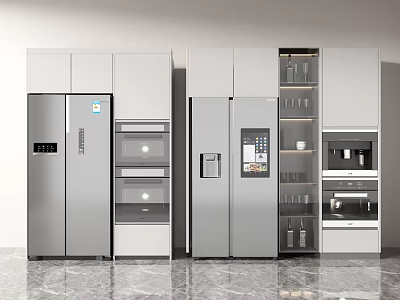 Modern Refrigerators and Freezers in Kitchen with Integrated Cabinet Storage Design 3d model