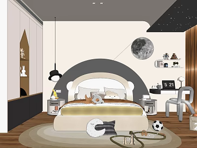 Cozy Kids Room Interior With Starry Ceiling Moon Decoration Arched Headboard Bed And Toys 3d model