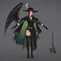 Witch Woman In Green And Black Robe With Black Wings Hat And Broomstick