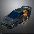 Blue Racing Car With Blonde Cartoon Character In Yellow Top And Red Shoes