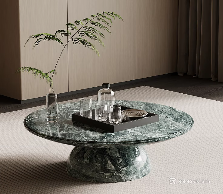 Modern Living Room Interior With Round Marble Coffee Table Tray Glass Cups And Green Plant 3d model 