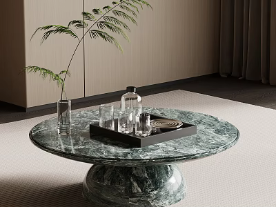Modern Living Room Interior With Round Marble Coffee Table Tray Glass Cups And Green Plant 3d model