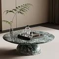 Modern Living Room Interior With Round Marble Coffee Table Tray Glass Cups And Green Plant
