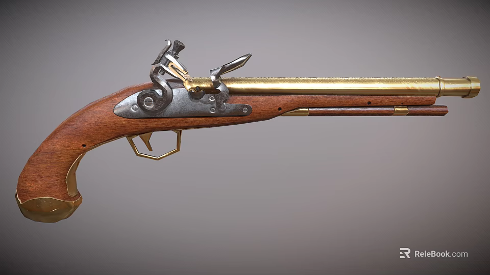 Vintage Flintlock Musket Featuring Wooden Stock Brass Accents And Metal Components 3d model 