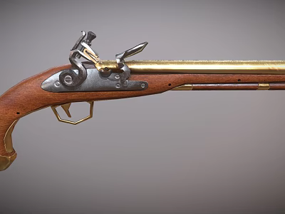 Vintage Flintlock Musket Featuring Wooden Stock Brass Accents And Metal Components 3d model