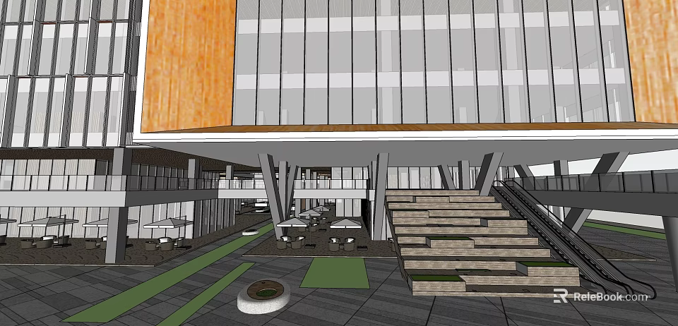 Modern Commercial Complex Interior Featuring Staircase Greenery Open Space And Outdoor Seating 3d model 
