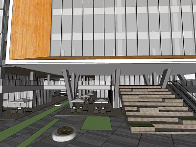 Modern Commercial Complex Interior Featuring Staircase Greenery Open Space And Outdoor Seating 3d model