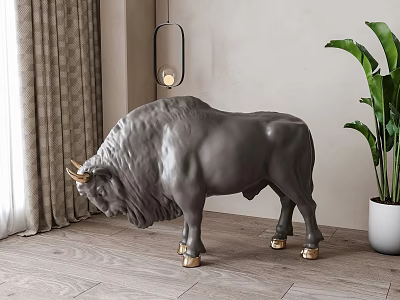 Grey Bull Sculpture With Golden Hooves For Interior Decoration And Home Art 3d model