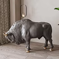 Grey Bull Sculpture With Golden Hooves For Interior Decoration And Home Art