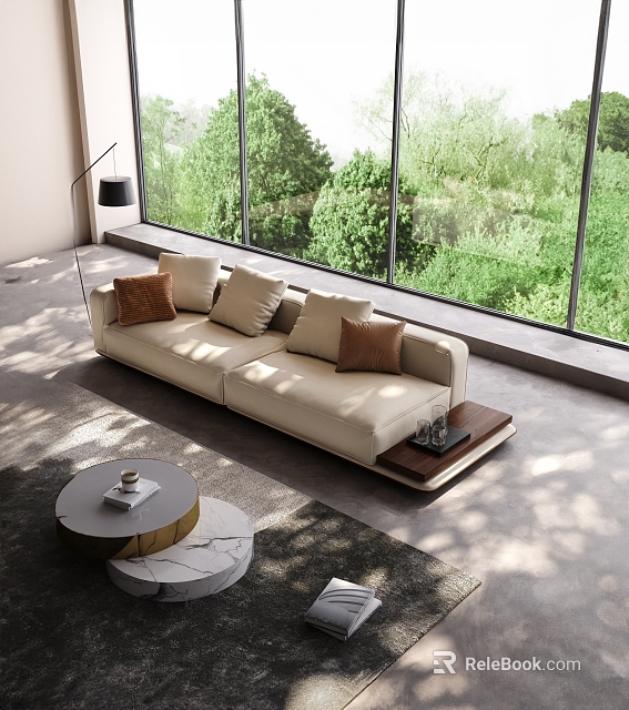 Modern Living Room Interior With Light Colored Sofa Large Windows Coffee Table And Natural View 3d model 