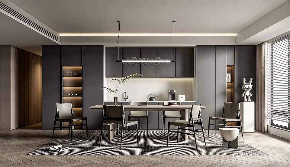 Modern Restaurant Interior With Dining Table Chairs Hanging Lights And Cabinets 3d model