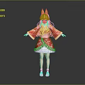 Game Anime Character With Orange Hair Fox Ears Red Kimono White Skirt And Pink Shoes