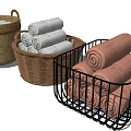 Decorative Storage Baskets with Rolled Towels in Woven and Metal Designs