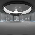 Chinese Pagoda Interior With Circular Ceiling Green Blue Lighting Black Reflective Floor And Landscape Paintings