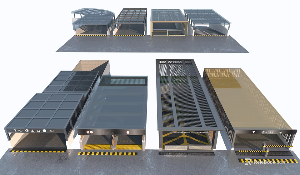 Road Facilities Featuring Various Shelters With Yellow Black Warning Stripes And Structural Designs 3d model