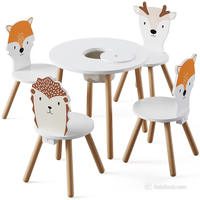 Kids White Round Table Set With Animal Character Chairs And Wooden Legs 3d model 