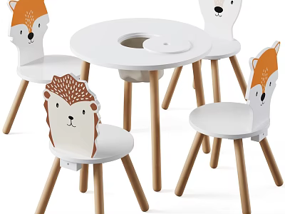 Kids White Round Table Set With Animal Character Chairs And Wooden Legs 3d model