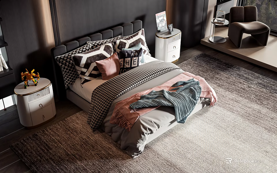 Modern Double Bed With Upholstered Headboard Pillows Blanket Nightstand Decorations And Rug 3d model 