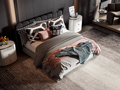 Modern Double Bed With Upholstered Headboard Pillows Blanket Nightstand Decorations And Rug 3d model