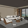 Minimalist Living Room Interior With Beige Sofa Wooden Coffee Table Large Windows And Blinds