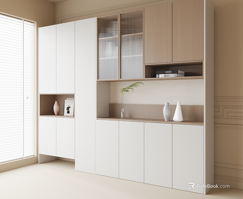 Modern Wine Cabinet Interior Design With White Light Wood Glass Doors Decorative Vases And Plant 3d model 