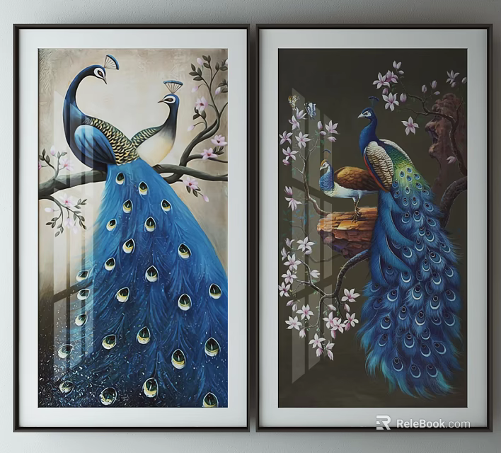 Elegant Blue Peacock Decorative Wall Art With Floral Branches And Feathers 3d model 