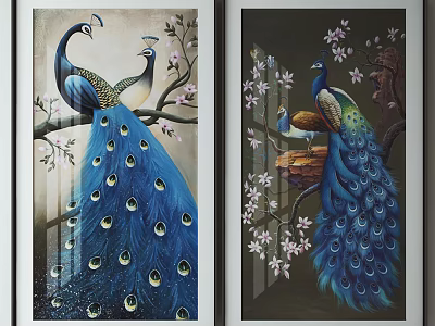 Elegant Blue Peacock Decorative Wall Art With Floral Branches And Feathers 3d model