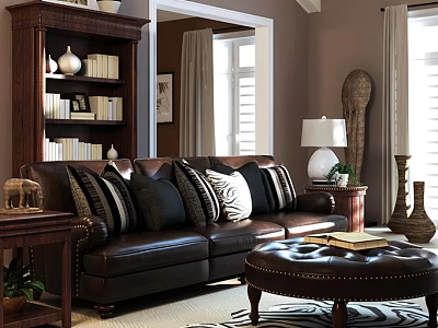 Brown Leather Three Seater Sofa With Striped Solid Cushions In Classic Living Room Ottoman 3d model