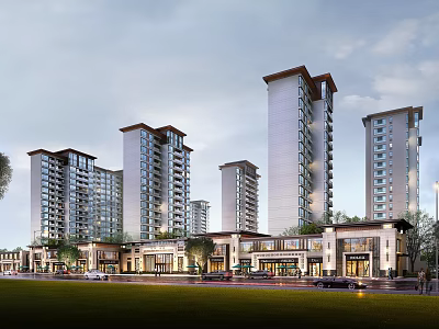 Modern High Rise Residential Buildings With Commercial Podium Green Landscaping and Road Vehicles 3d model