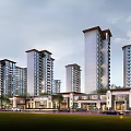 Modern High Rise Residential Buildings With Commercial Podium Green Landscaping and Road Vehicles