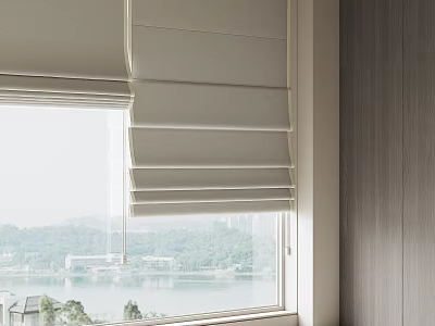 Gray Roman Blinds Mounted On Window With Lake View And Trees Outside Wooden Wall 3d model